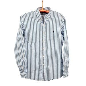 Ralph Lauren Custom Fit Large Blue Striped Oxford Long Sleeve Shirt Pony
